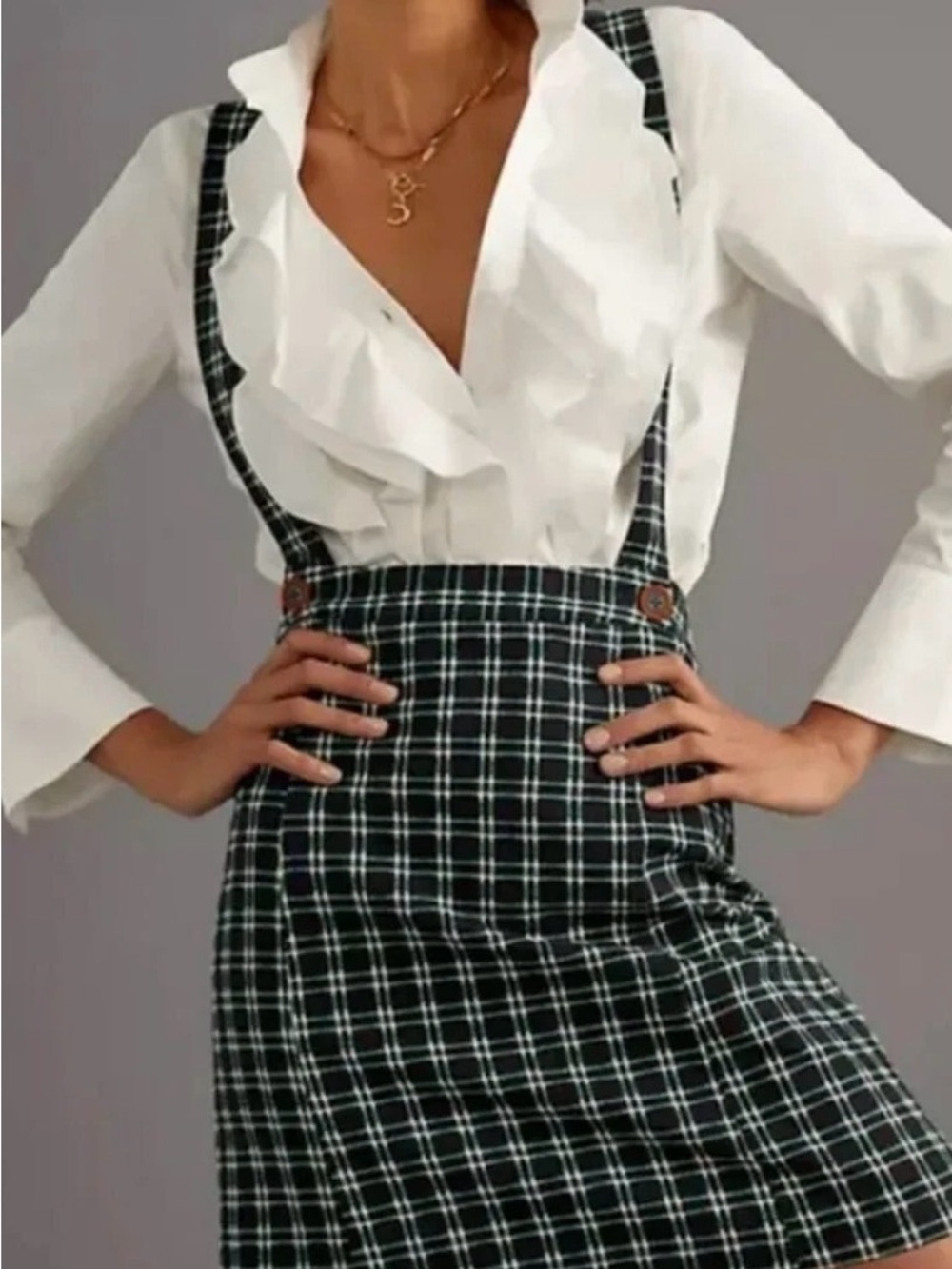 Maeve By Anthropologie Plaid Pinafore Skirt Overalls Navy Blue Green Size 10